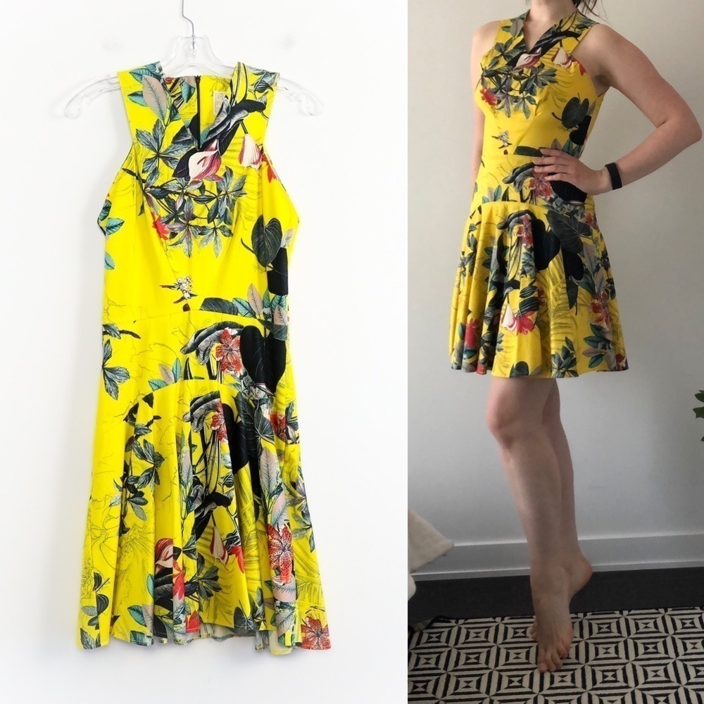 3rd Floor Studio yellow floral print dress tropical skater cocktail party event